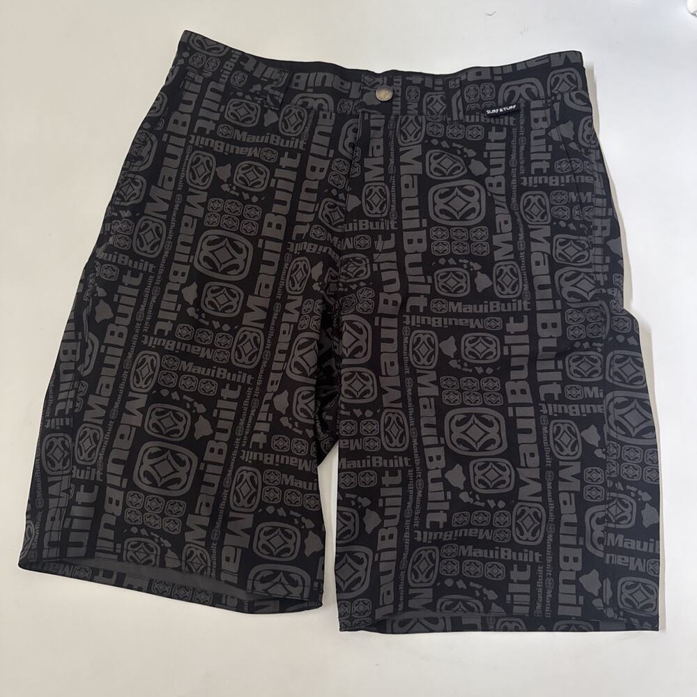 Vintage Maui Built Board Shorts Mens 33 Logo All Over Print Y2K Surf Swim